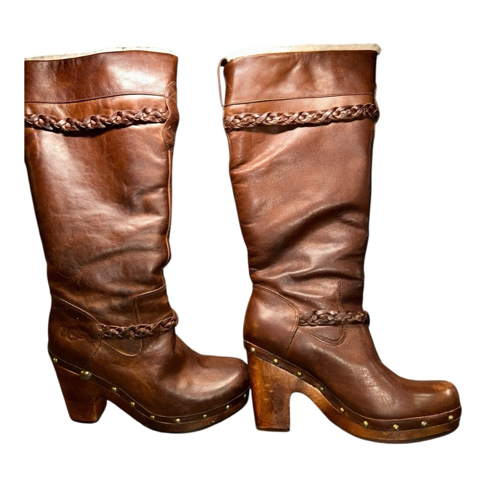UGG Brown Heeled Boots with Braided Accent - Picture 2 of 16